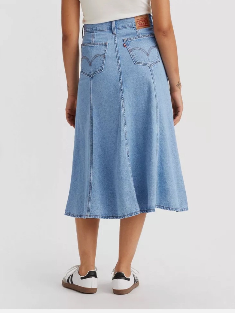Levi light blue denim fit and flare midi skirt